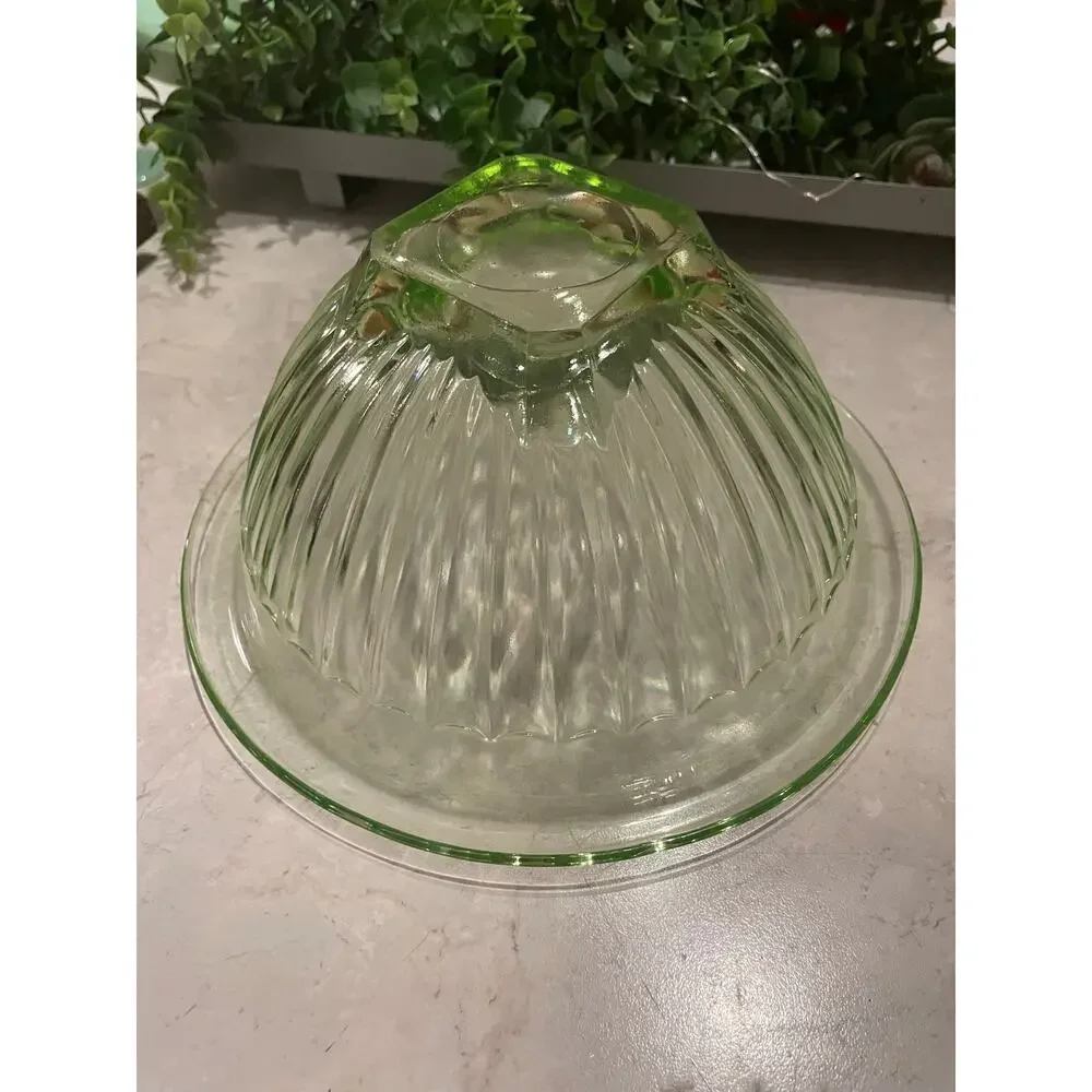 Vintage Hazel Atlas Ribbed Green Uranium Small bowl c1930 MCM 9x4 Glows.